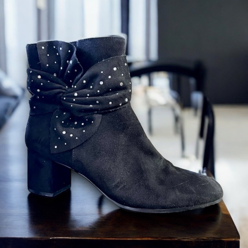 Impo brand Black Suede Sparkling studded Booties. Short Ankle Boots with heels